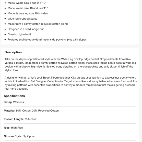 NEW Wide Leg Scallop Edge Pocket Cropped Pants Kika Vargas x Target Indigo - 0 - Picture 6 of 6